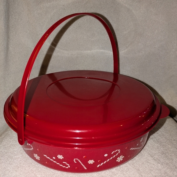 Red Holiday Themed Tupperware Bowl with Handle - Picture 1 of 4